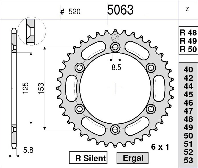 OGNIBENE 5063-R50 - звезда приводная ведомая (JTR210.50)